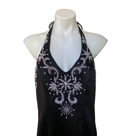 Vintage 90s Beaded Black Maxi Dress Gown Mermaid Pink Floral XXS - Picture 2 of 8